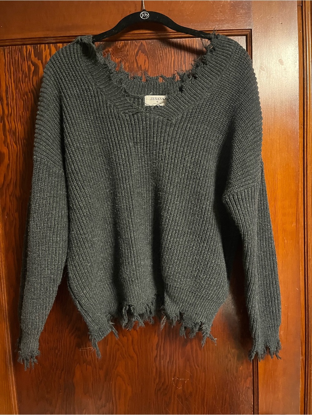 Zenana Outfitters Charcoal Distressed V-Neck Knit Off Shoulder Sweater